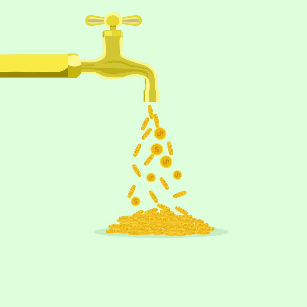 Vector gold coins fall out of the golden tap.gold tap with money. Idea for the business background vector