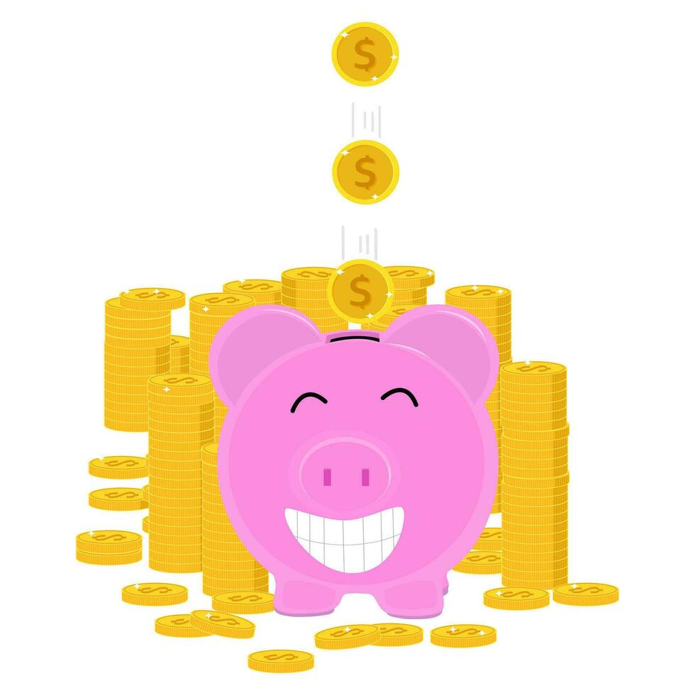 Piggy bank and falling gold coins The concept of saving or saving money or opening bank accounts.Vector vector