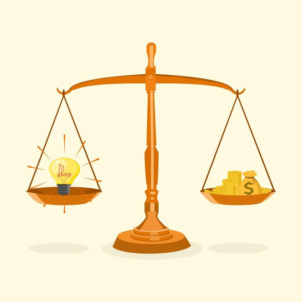 a balance scale with money and a light bulb vector