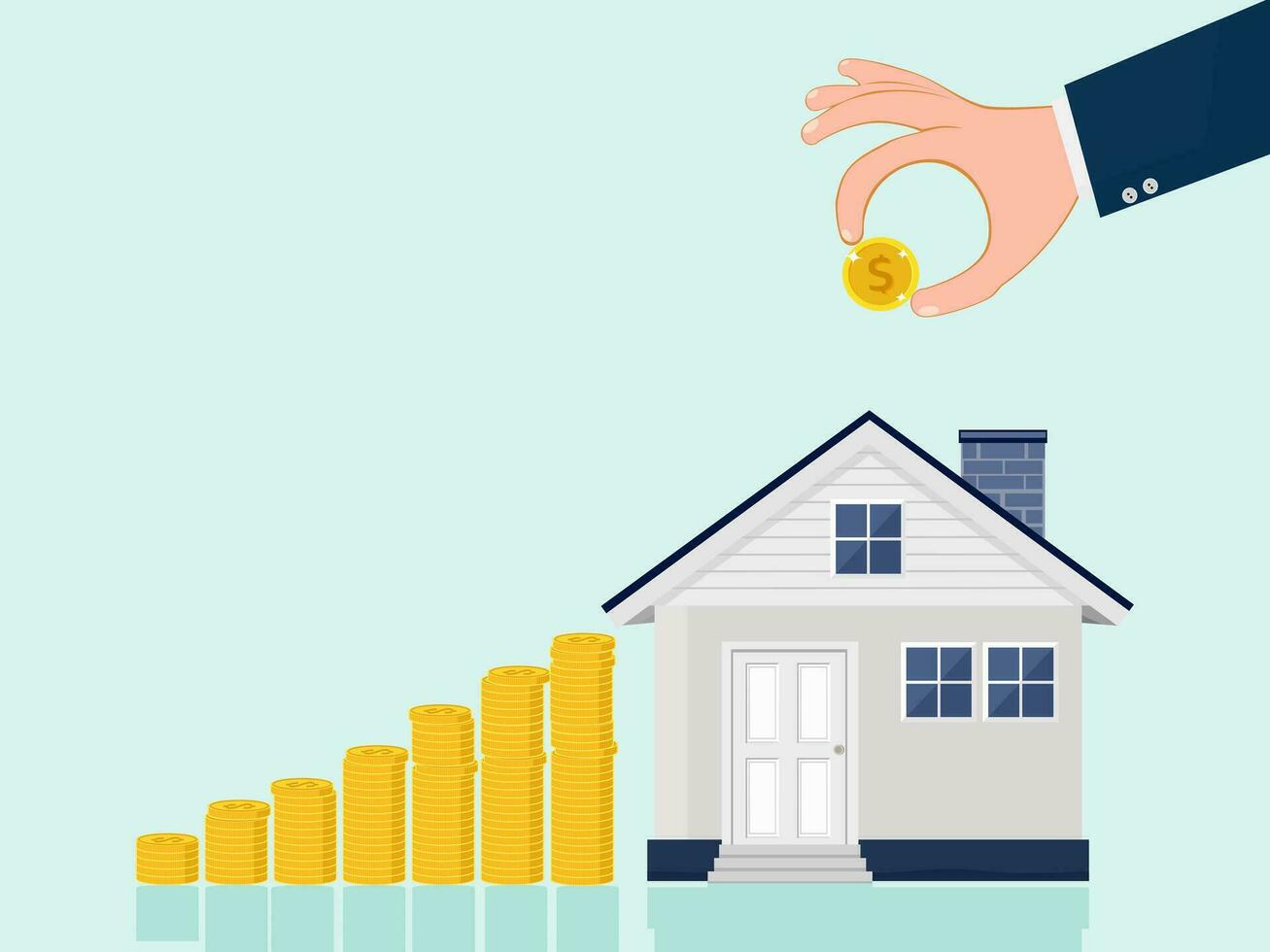 inversión y casa hipoteca financiero concepto, mano poniendo dinero moneda apilar con casa vector