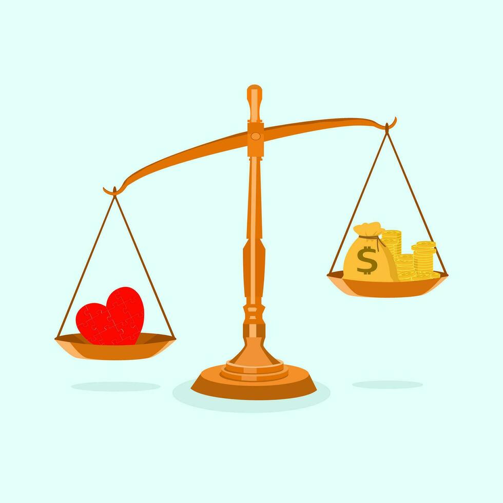 Money and hearts on unbalanced scales. Health concepts are more valuable than money vector