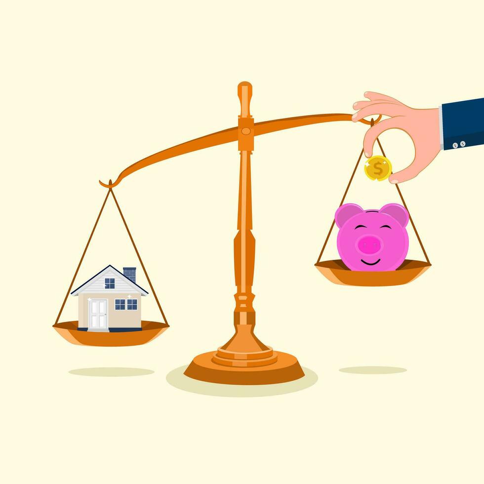 Piggy bank and the house on the scales Money saving ideas for homes vector