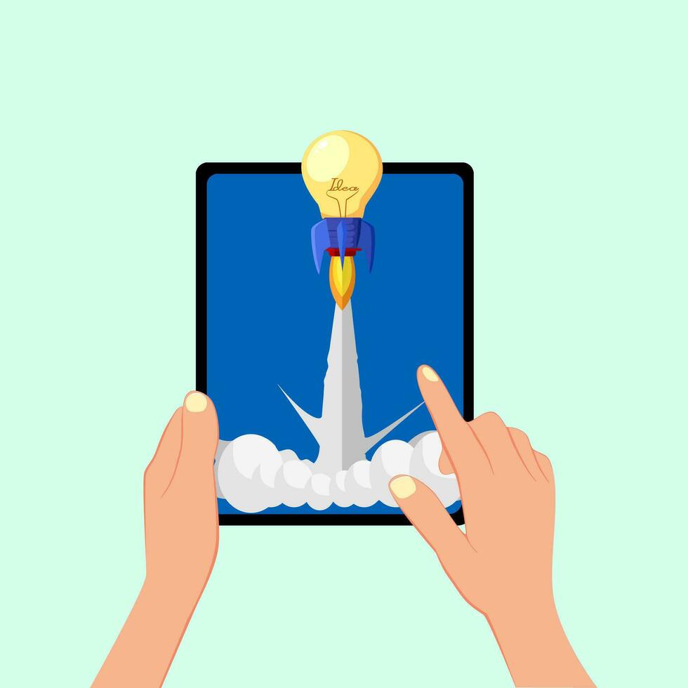 People hand holding tablets and light bulbs. Ideas are on the rise vector