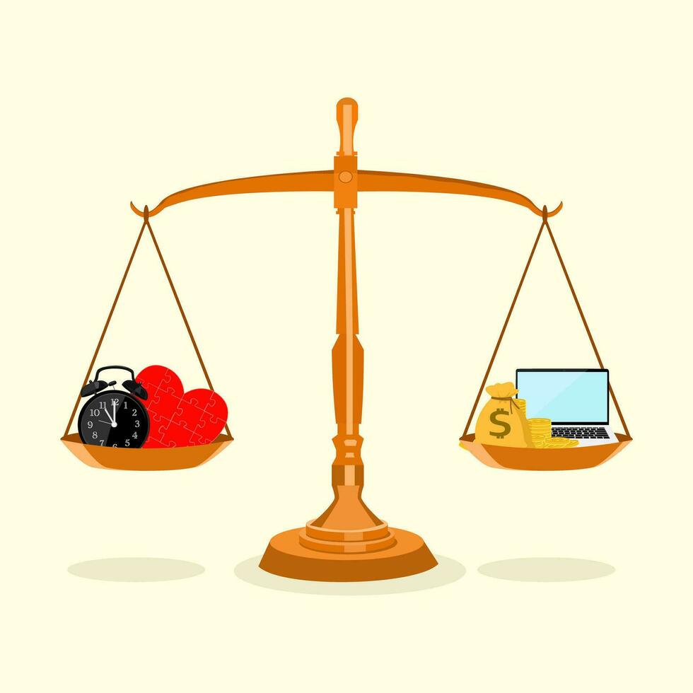 Scales with money Heart watch and work Work concepts and balance in living vector