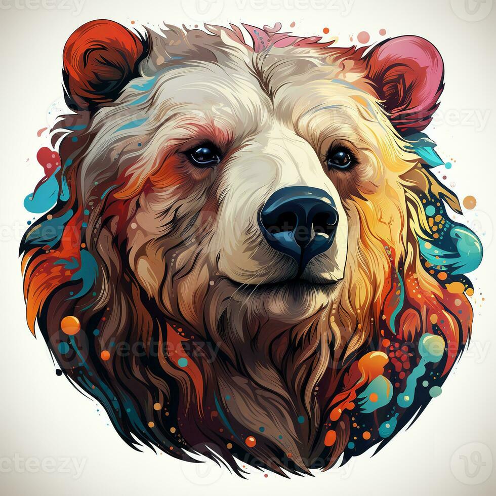 ai generado un caprichoso y reconfortante digital pintura de un vistoso polar oso cabeza con un flor corona en un blanco antecedentes. el oso tiene un pacífico expresión en sus cara foto