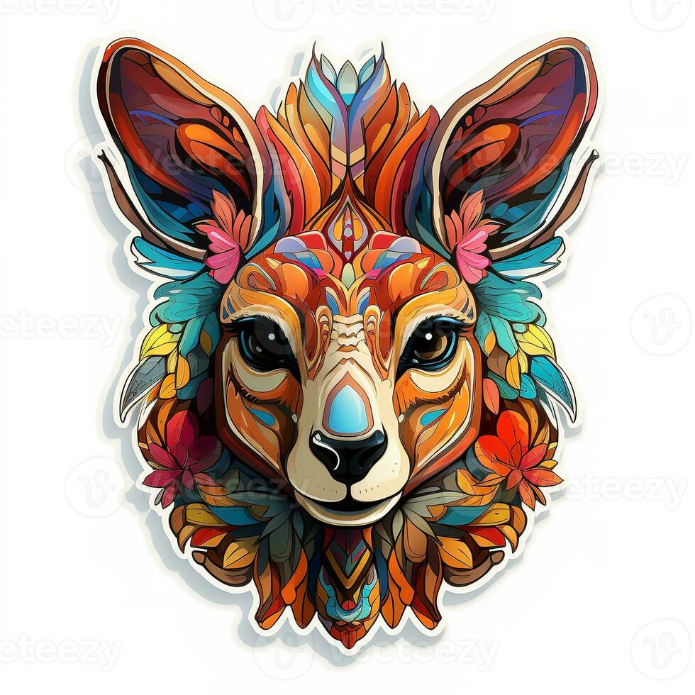AI generated A vibrant and whimsical illustration of a kangaroo head with a crown of flowers and a fierce expression. The kangaroo fur is a bright orange color with black stripes, and its eyes photo