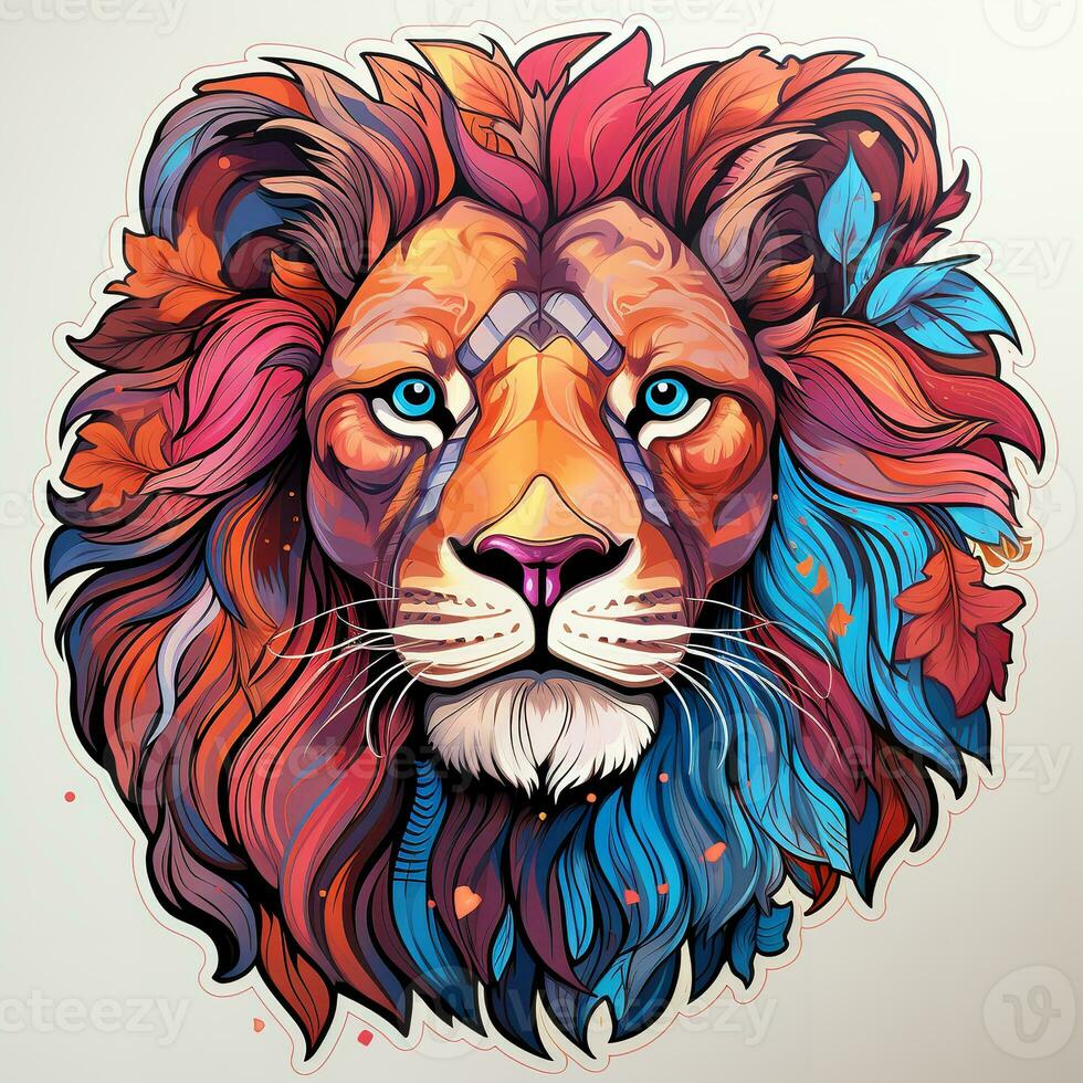 AI generated Digitally painted portrait of a lion head with a rainbow mane on a white background. The lion mane is a mix of red, orange, yellow, green, blue, and indigo. photo