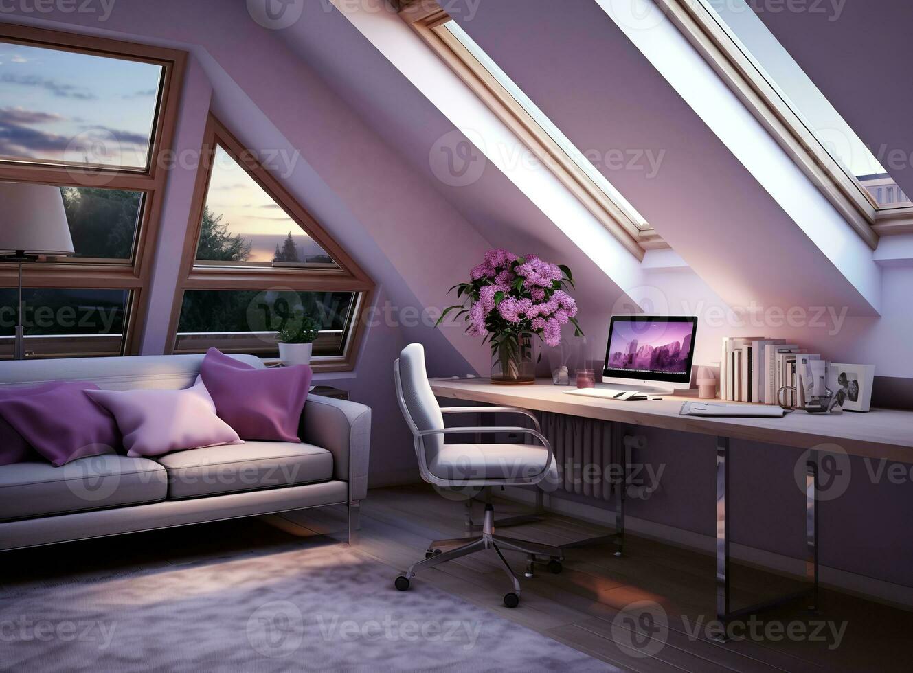 AI generated living room in an attic with purple walls and large windows that let in plenty of natural light. The room is furnished with a comfortable couch, a desk, and a computer. photo