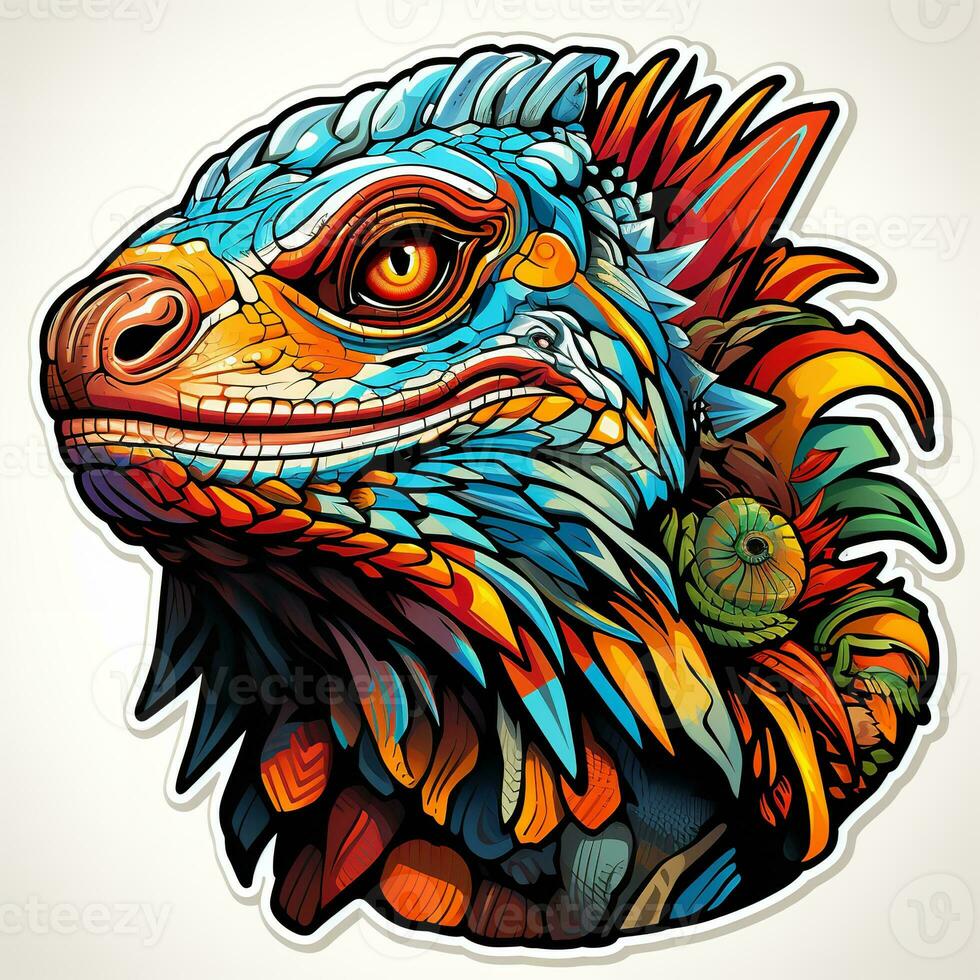 AI generated A whimsical and colorful digital art illustration of a colorful iguana head with a frog on its back. The iguana is depicted in a realistic style, but its scales are exaggerated photo