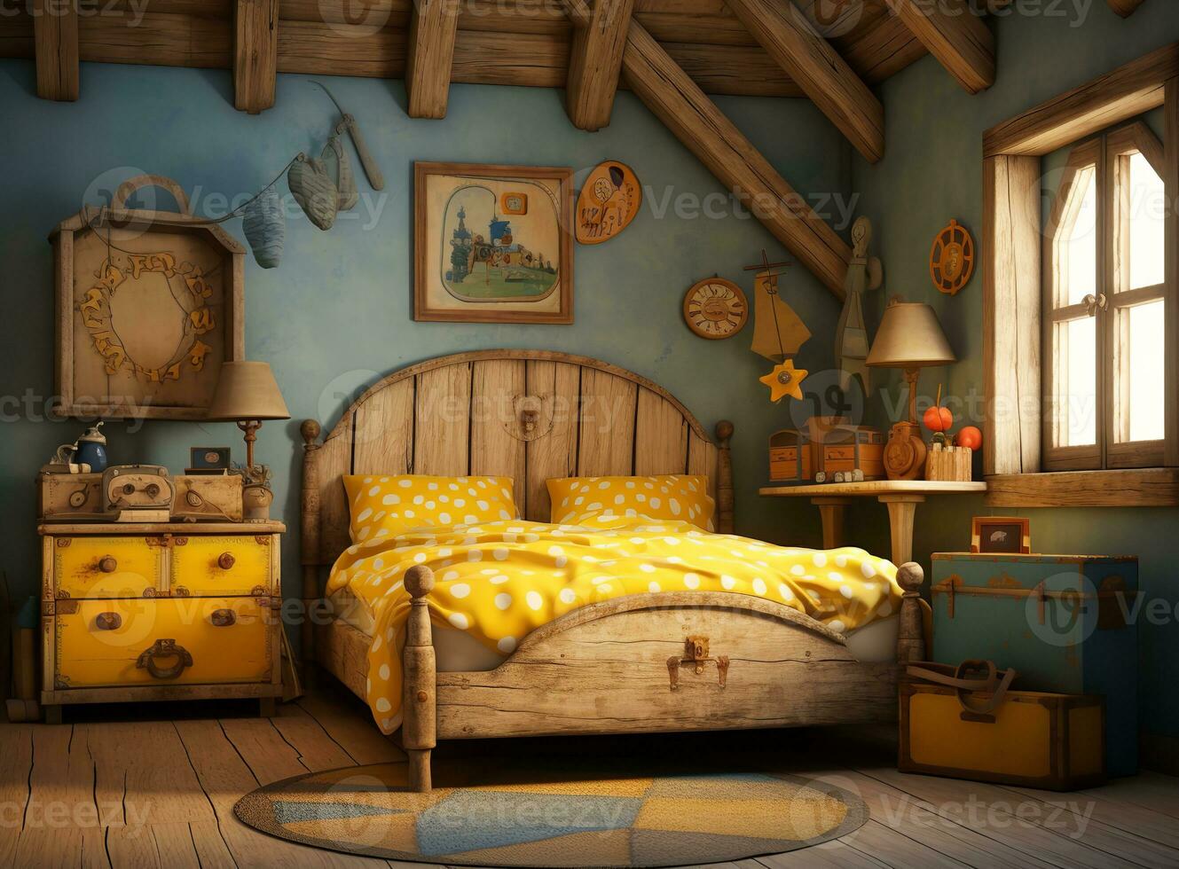 AI generated Inviting bedroom with a bed, dresser, nightstand, and rug. The room is decorated in a minimalist style with white walls, a light wood floor, and light wood furniture. photo
