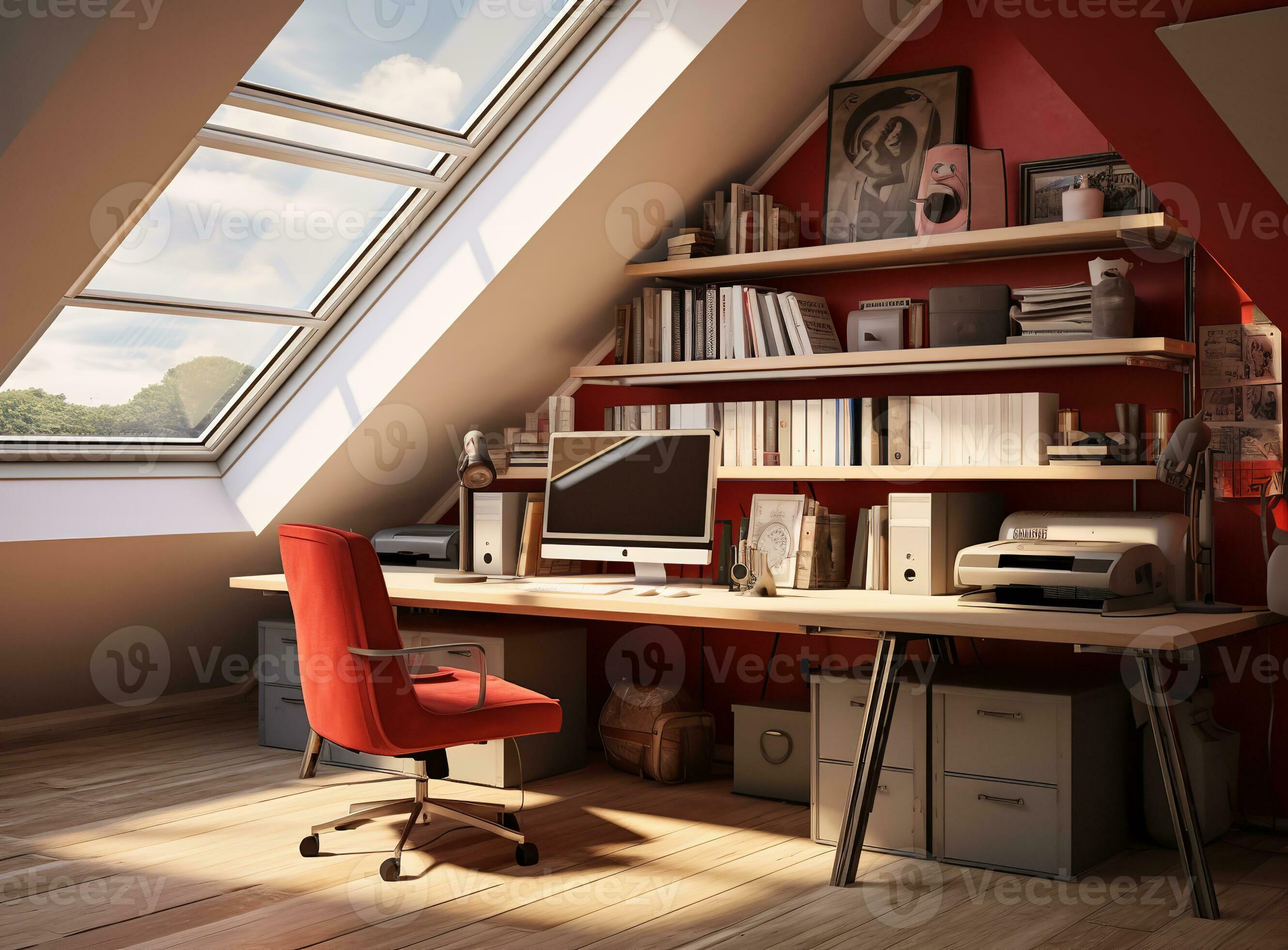 AI generated A wooden computer desk in an attic, with a red chair