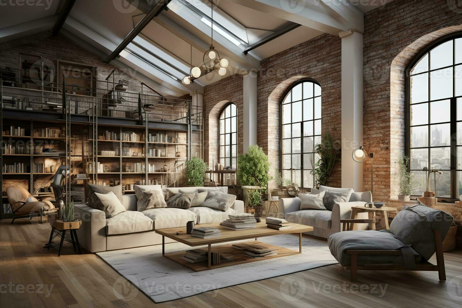 AI generated A modern living room with a comfortable couch, two accent chairs, a coffee table, and a large bookshelf. The room is spacious and has a lot of natural light. photo