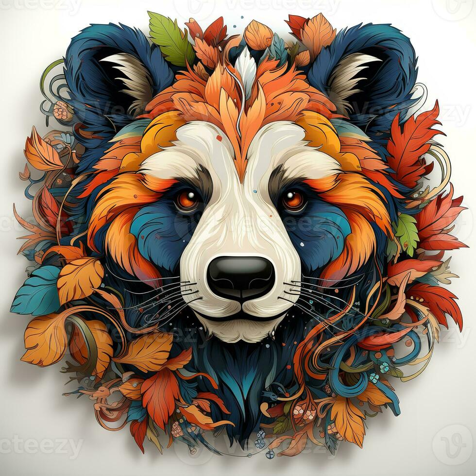 AI generated A colorful digital painting of a panda head surrounded by a diverse array of leaves and flowers. The panda has a peaceful expression on its face photo