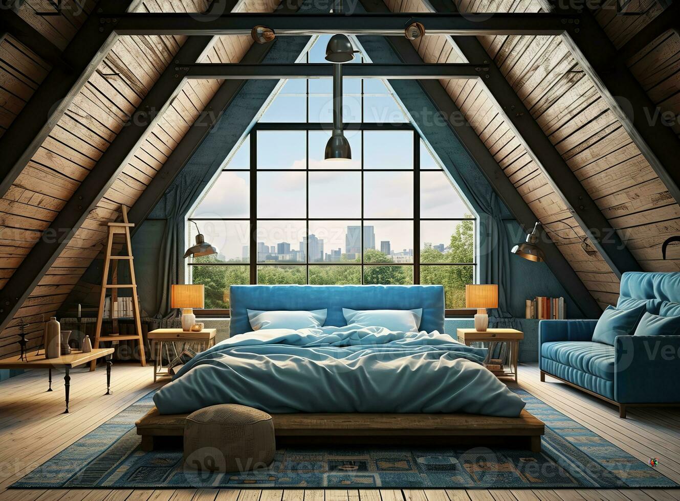 AI generated attic bedroom with a bed, dresser, and chair, lit by a skylight. The room is decorated in a neutral color palette with white walls and light wood furniture, creating a warm photo