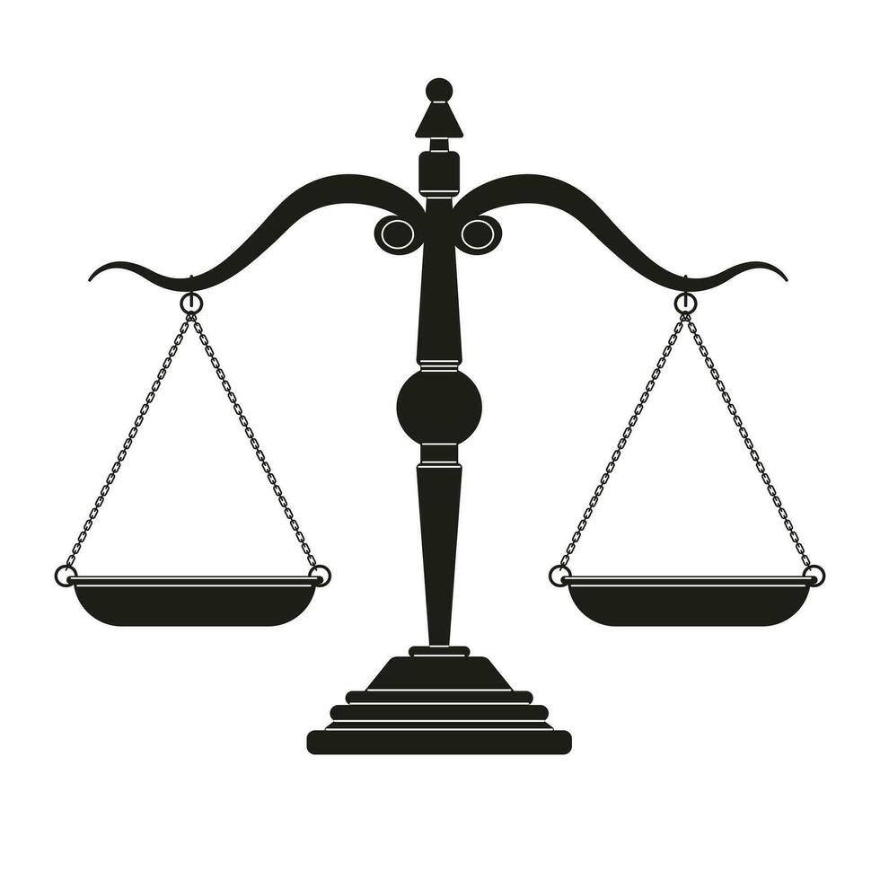 Judge scale silhouette image, trading weight and law court symbol vector illustration. Black truth balancing elements on white background.