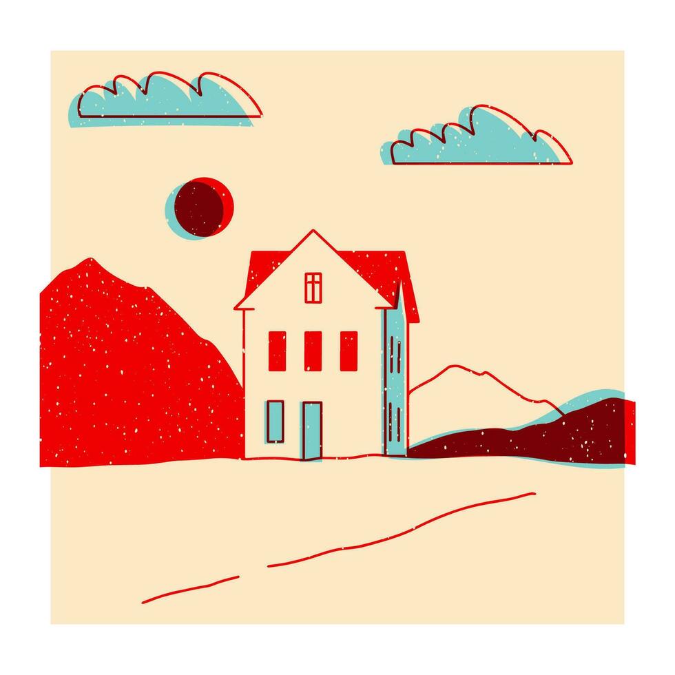 Landscape. Ranch, house in the mountain, farm, meadow, house, tree, road, mountain. vector
