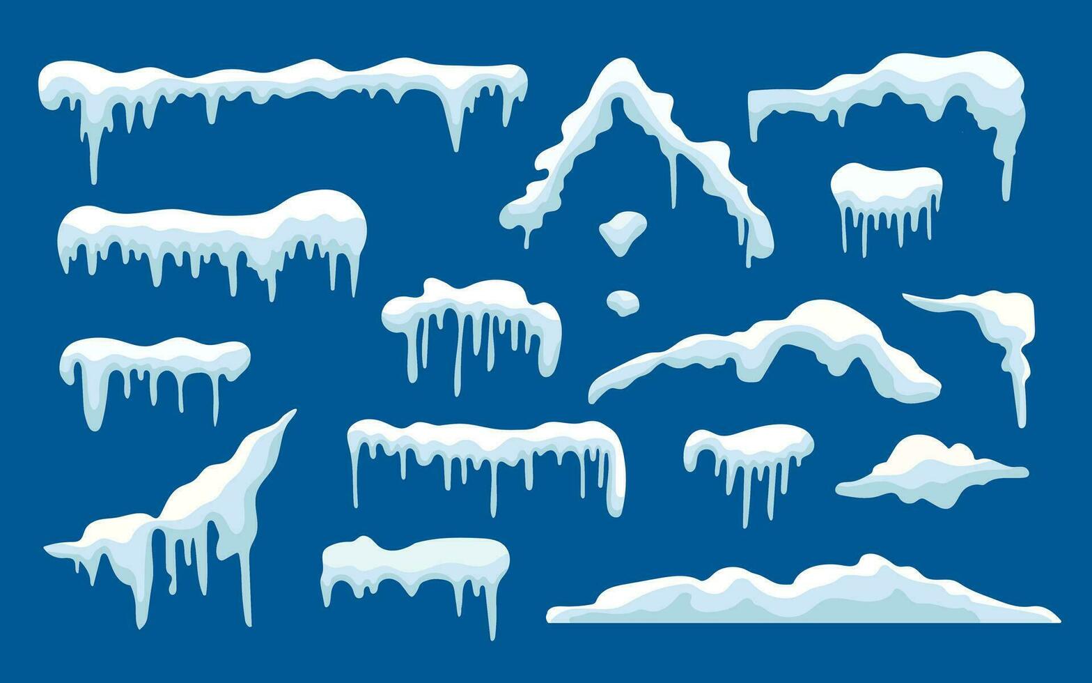 Snow caps, snowballs and frozen icicles of house roof, realistic icons isolated on blue background. Winter snow caps and frost icicles for Christmas and New Year design. vector