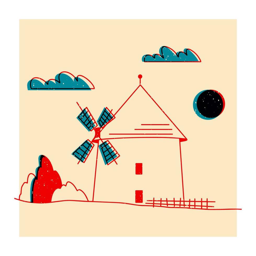 Landscape. Ranch, house in the mountain, farm, meadow, house, tree, road, mountain. vector