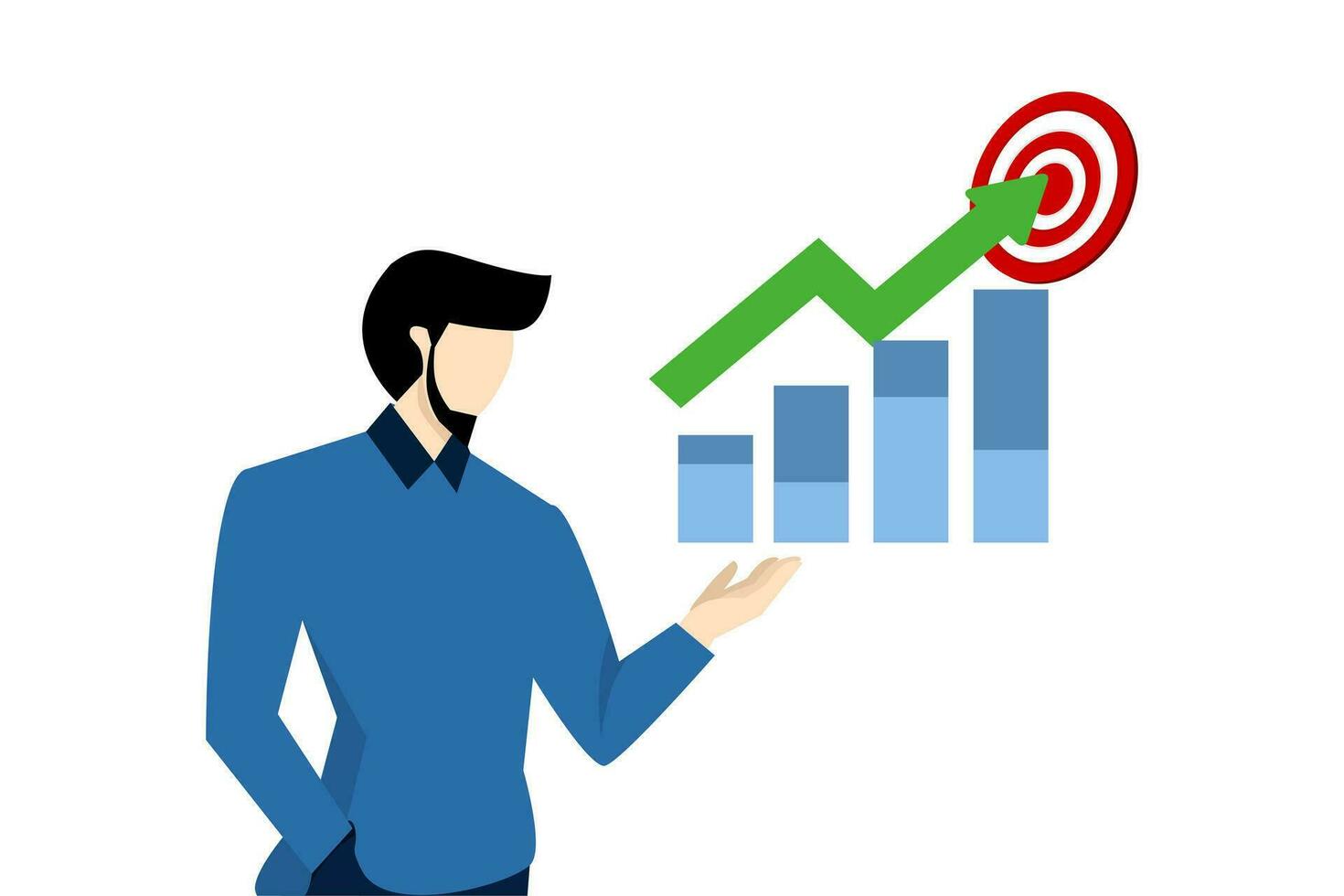 Concept of company profit on target, financial management, profit arrow on target, businessman investor holding big profit growth graph, flat vector illustration on white background.