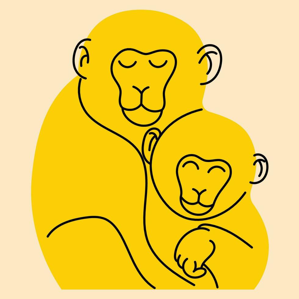 Two monkeys hugging. Vector illustration in flat cartoon style