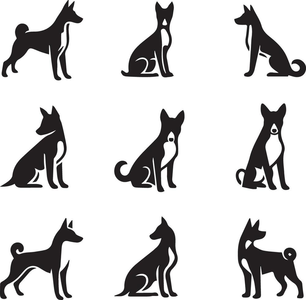 silueta sólido vector icono conjunto de perro, razas, canino, perro, sabueso, cachorro, chucho, mascota, perrito