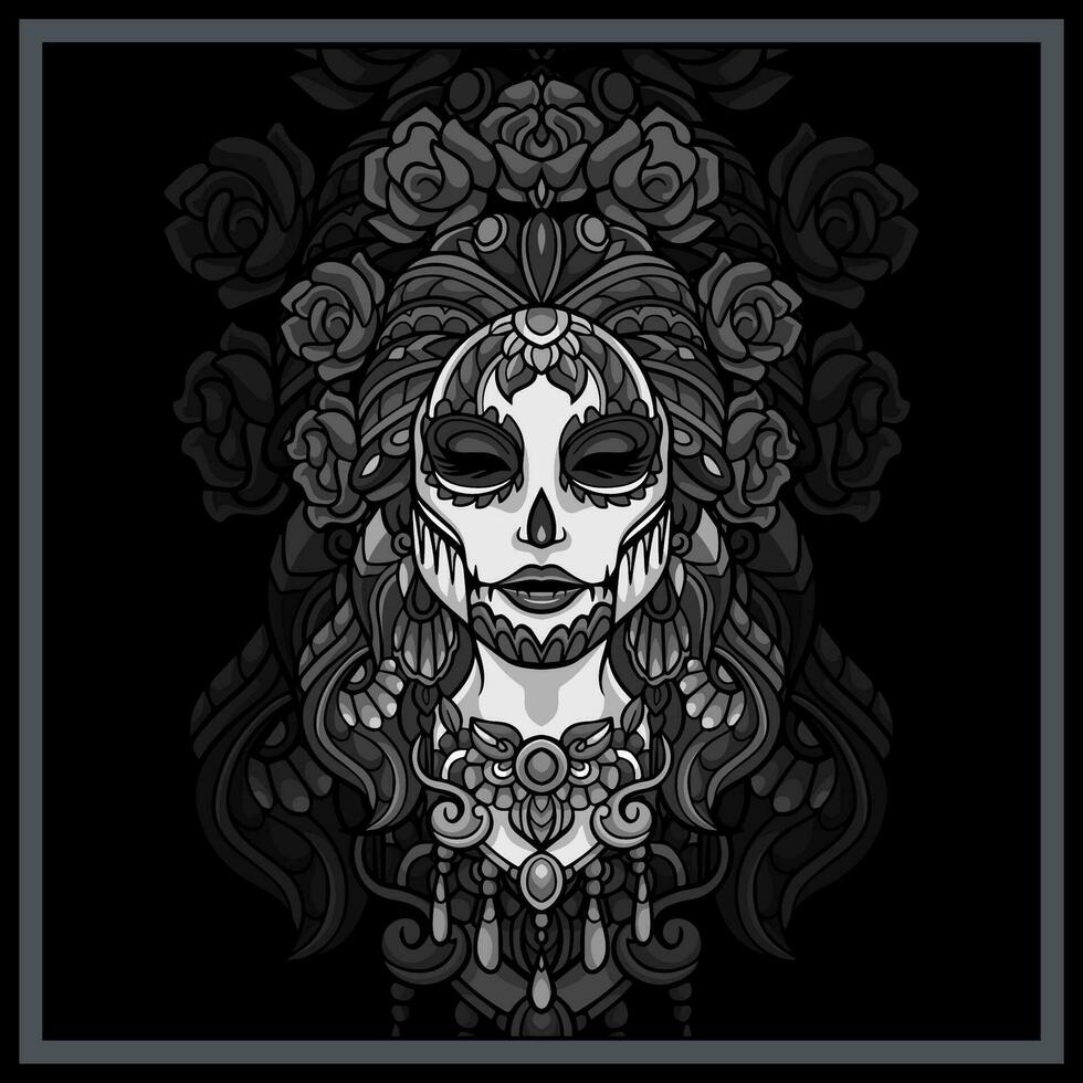 Monochrome Calavera girl mandala arts vector