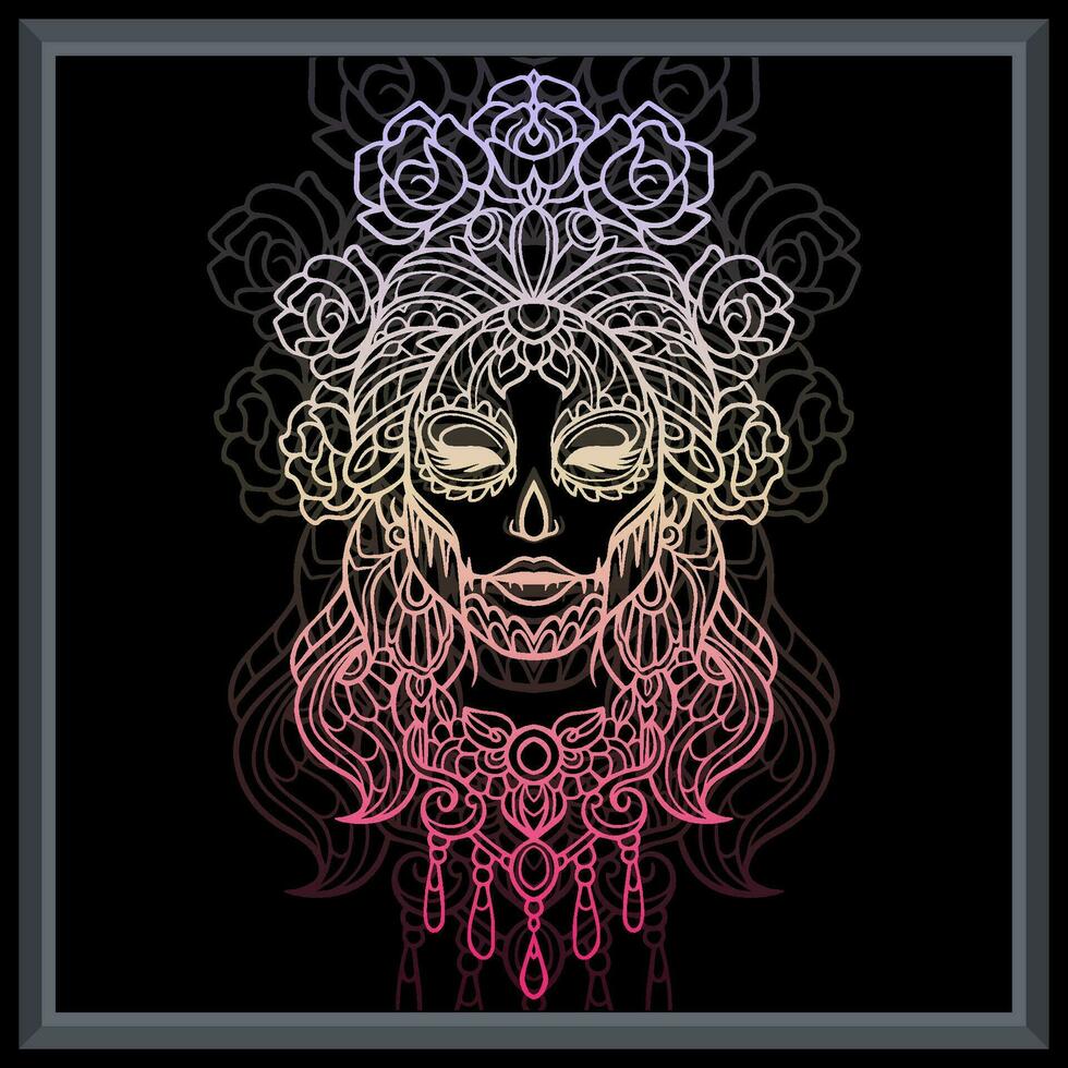 degradado vistoso Calavera niña mandala letras. vector