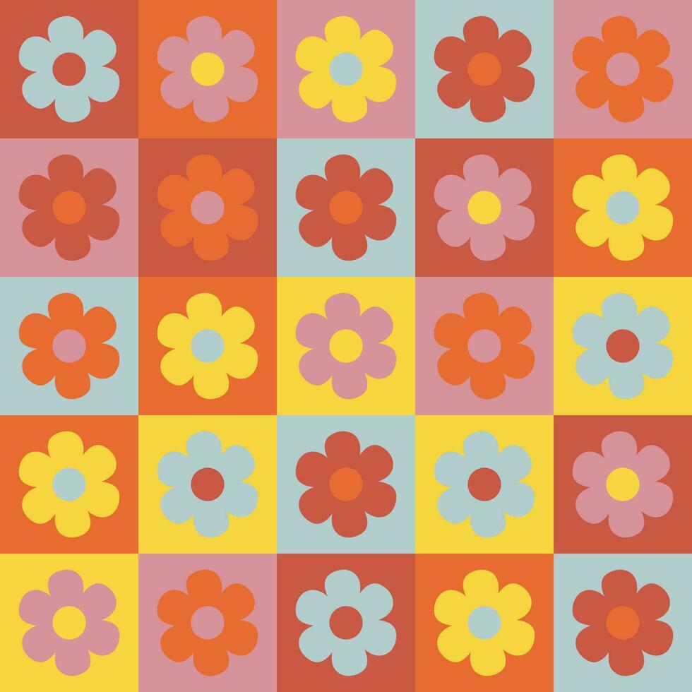 Hippie retro vintage flowers seamless pattern in 70s-80s style. Flat vector illustration