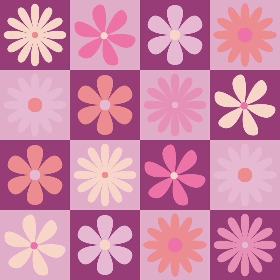 Seamless y2k pattern with flower. Retro checkered background. Vector illustration