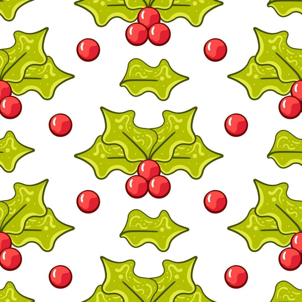 Vector Christmas pattern with holly leaves and berries in cartoon style.