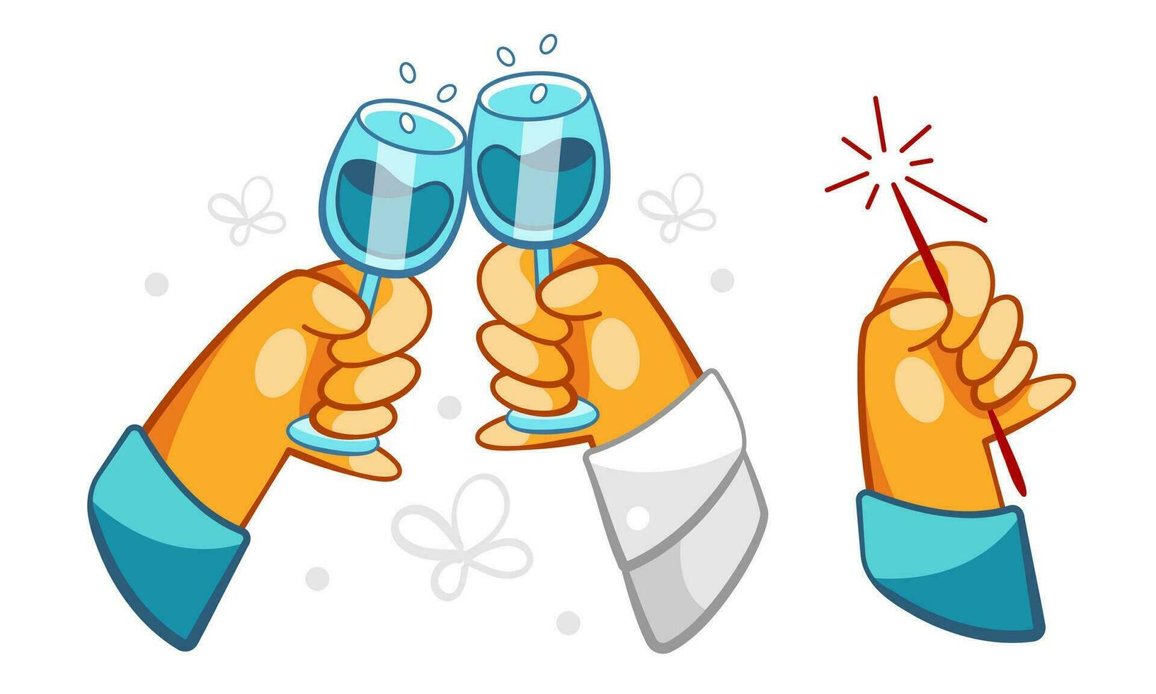 A set of vector elements on the theme of the holidays, clinking hands with glasses, a hand with a sparkler.