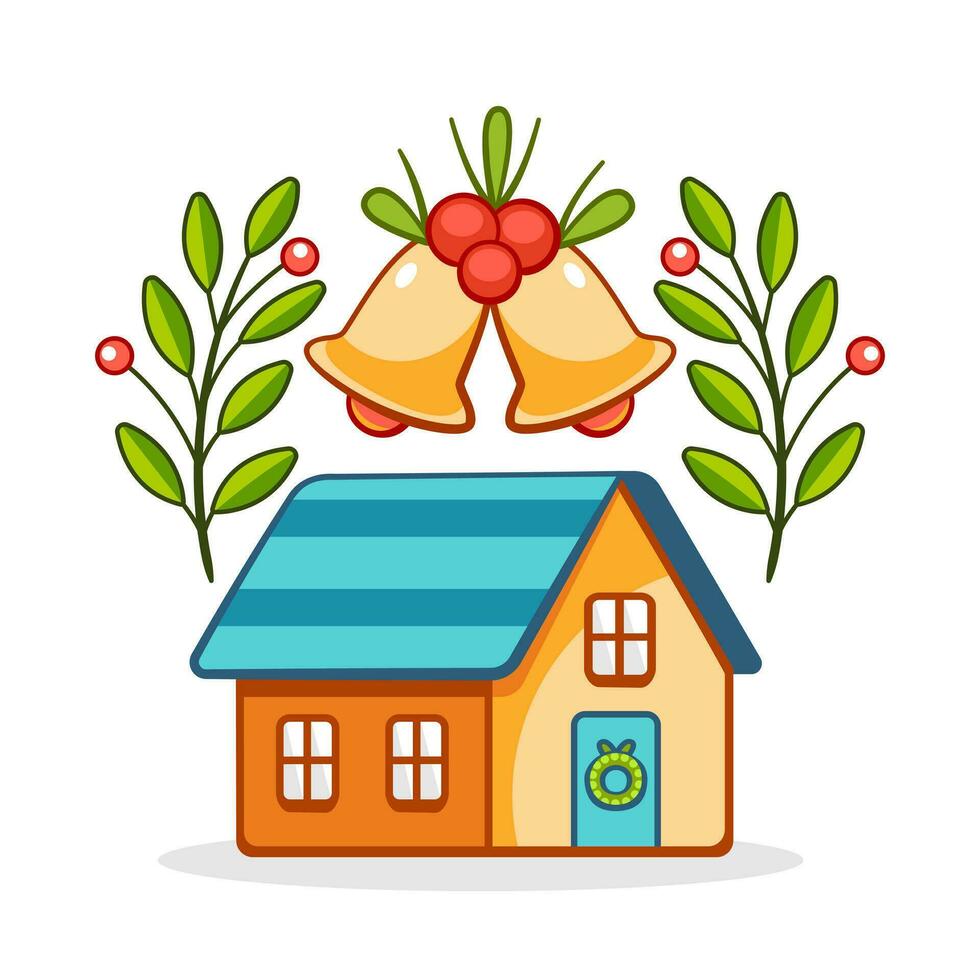 Christmas vector illustration, house, bells and holly wreath in cute cartoon style.