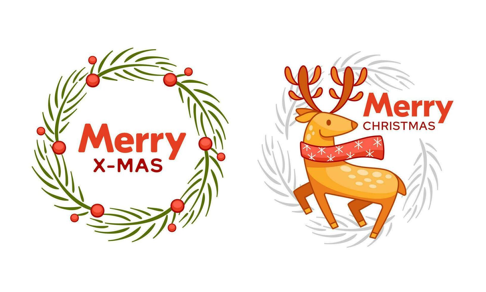 Set of vector Christmas wreaths with holly berries and deer in a cute cartoon style.