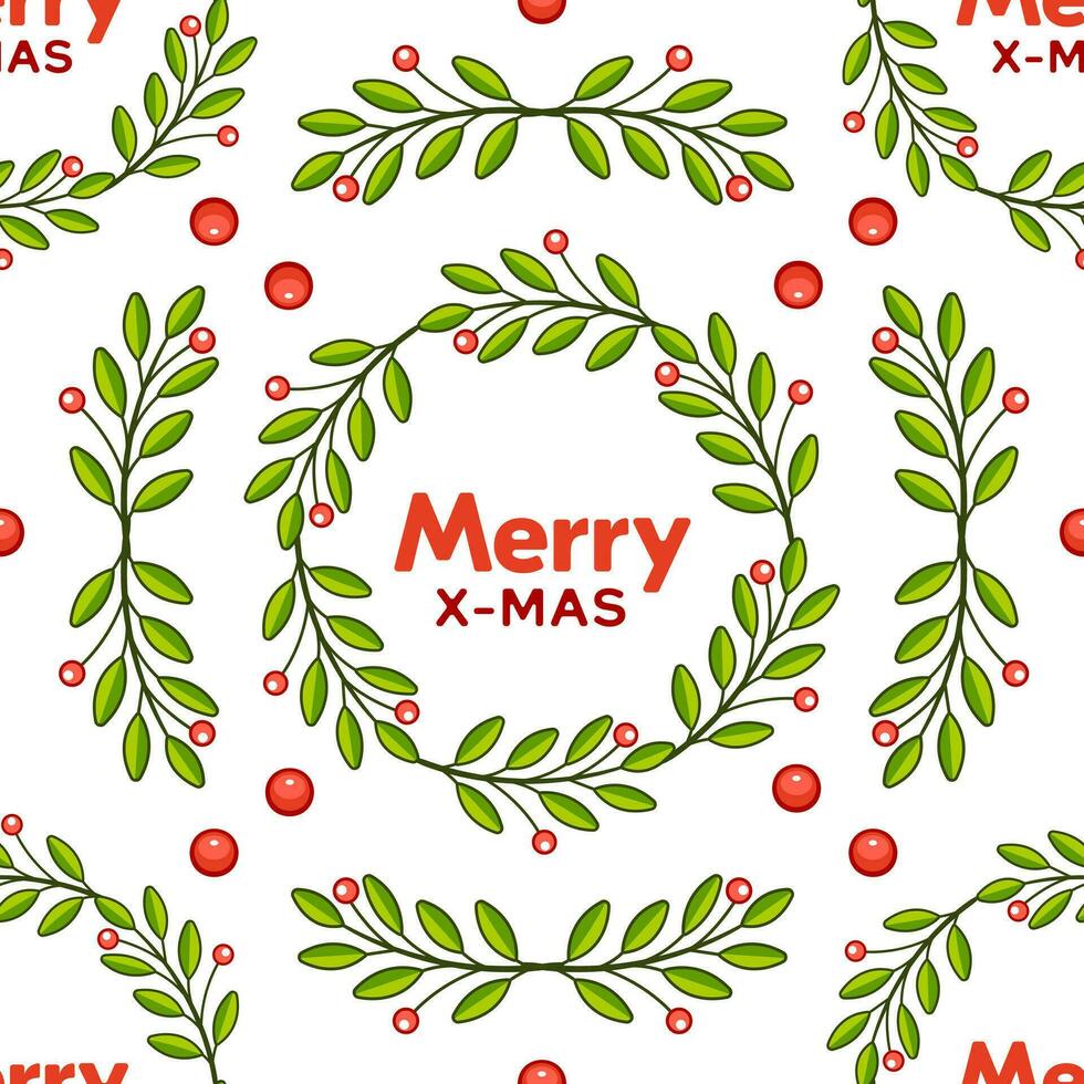 Vector Christmas pattern with Christmas wreaths in cartoon style.