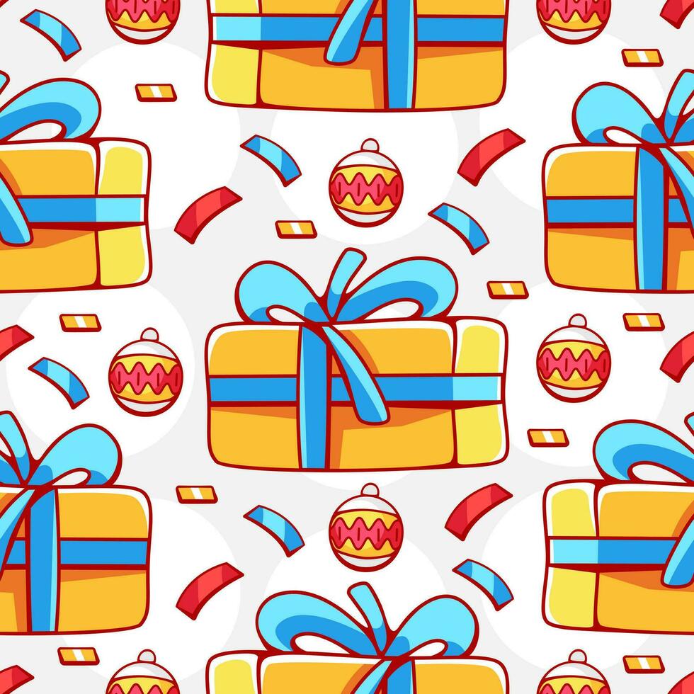 Vector Christmas pattern with gift boxes and Christmas balls in cartoon style.