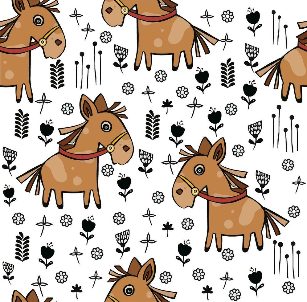 Seamless childish pattern with cute horses and hand drawn textures. Creative blackand white kids texture for fabric, wrapping, textile, wallpaper, apparel. vector