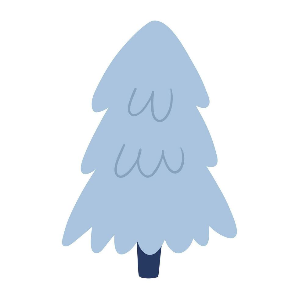 azul abeto árbol, frío invierno clima - dibujos animados plano vector ilustración aislado en blanco antecedentes. mano dibujado árbol en nieve, linda infantil dibujo.