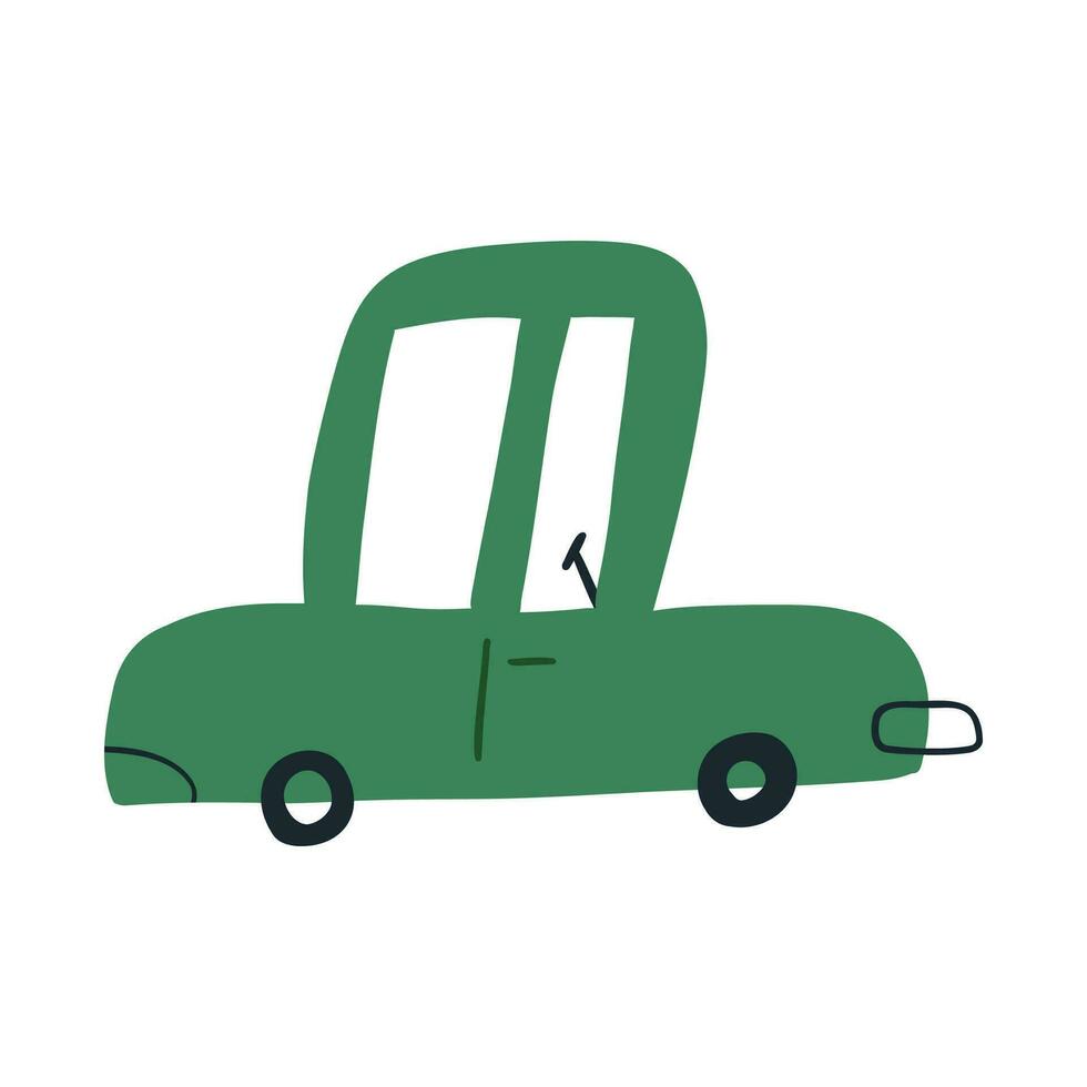 Cute hand drawn car, cartoon flat vector illustration isolated on white background. Funny car for kids and nursery designs. Transportation vehicle.