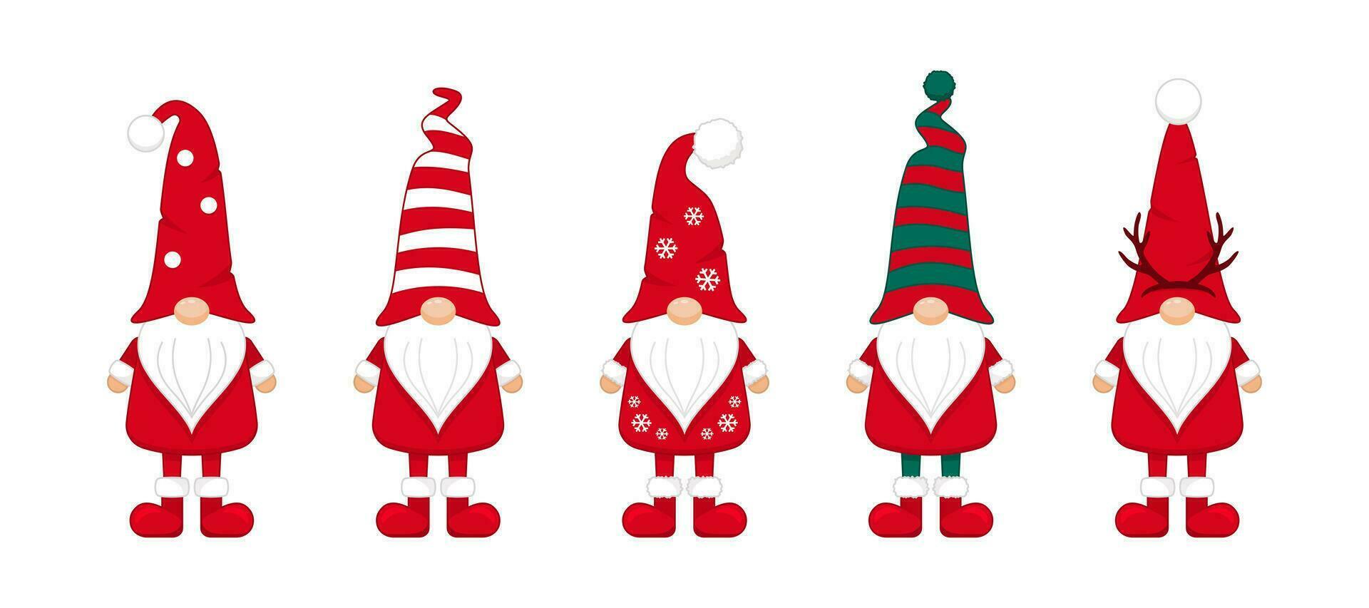 Christmas gnomes in long caps and red boots. Holiday new years character with striped in snowflakes and deer antlers hats covering his eyes with white beard festive symbol of wealth and prosperity vector