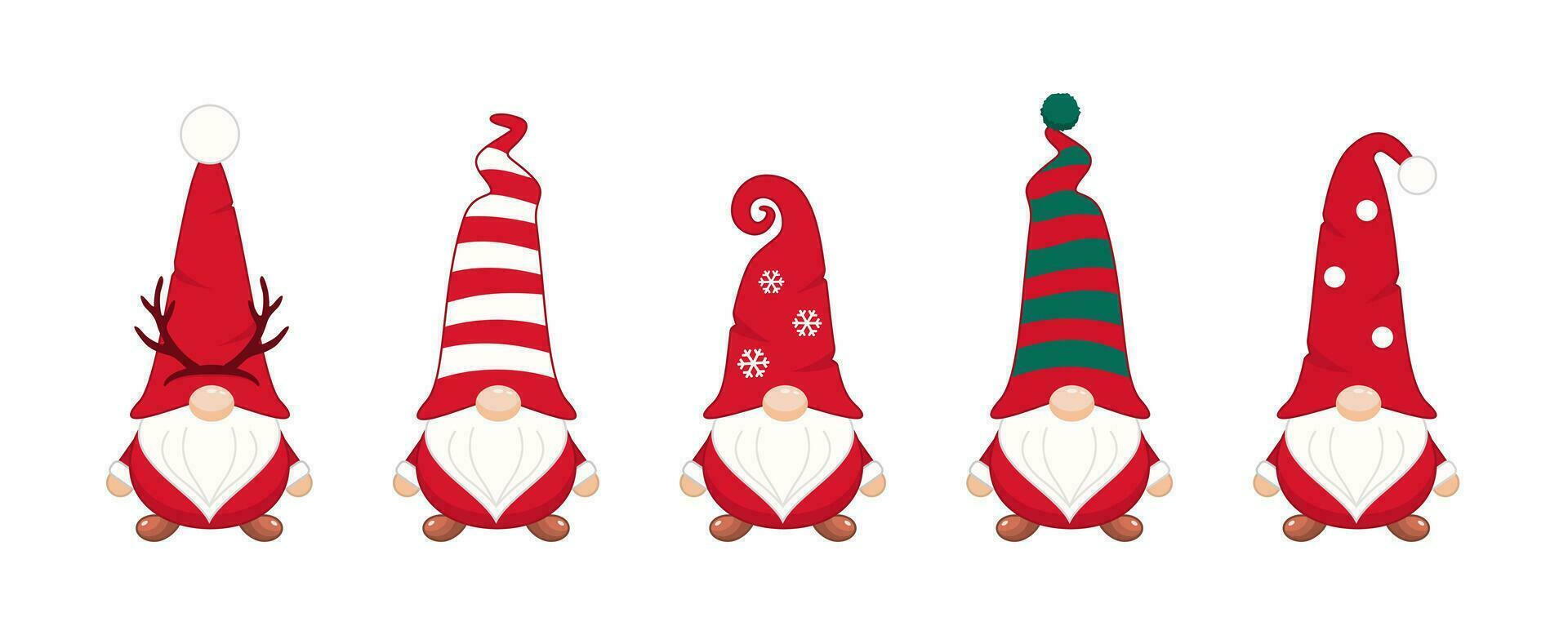 Christmas gnomes in long caps. Cute new years character with striped in snowflakes and deer antlers hats covering his eyes with white beard festive scandinavian symbol of wealth and prosperity vector