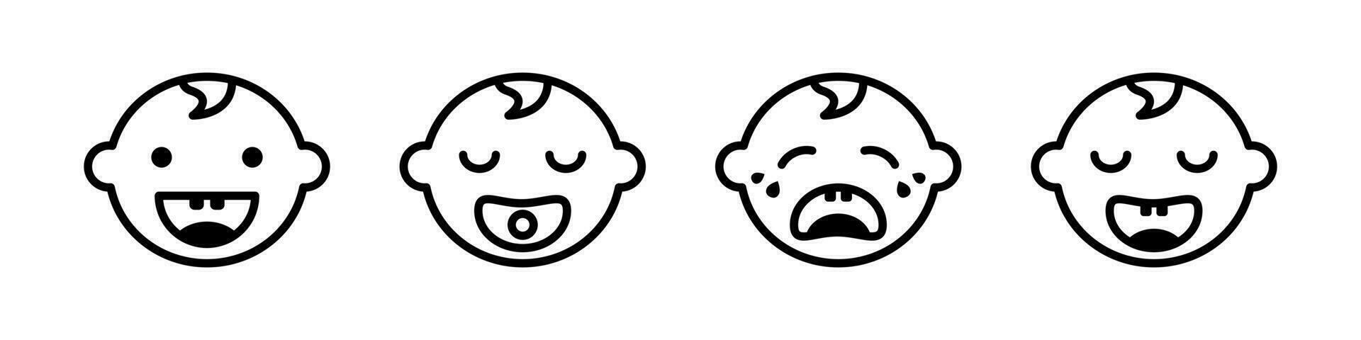 Baby head with emotions icon. Cute joyful and sleepy child with pacifier upset and crying and laughing vector enthusiastically