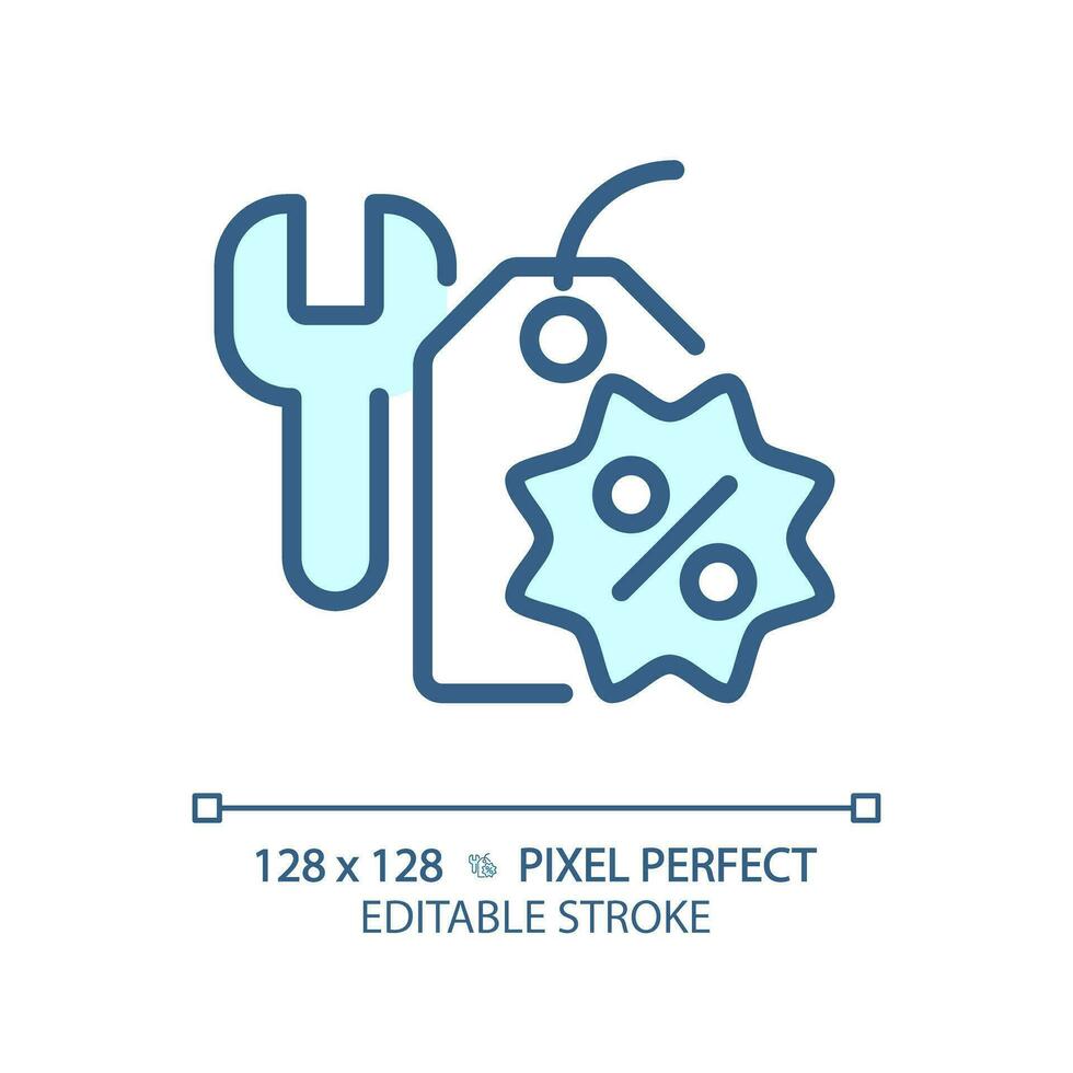 2D pixel perfect editable blue tools discount icon, isolated monochromatic vector, thin line illustration representing discounts. vector