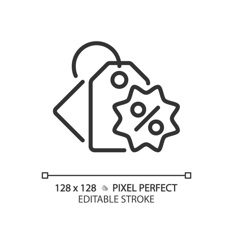 2D pixel perfect editable black price tag icon, isolated vector, simple thin line illustration representing discounts. vector