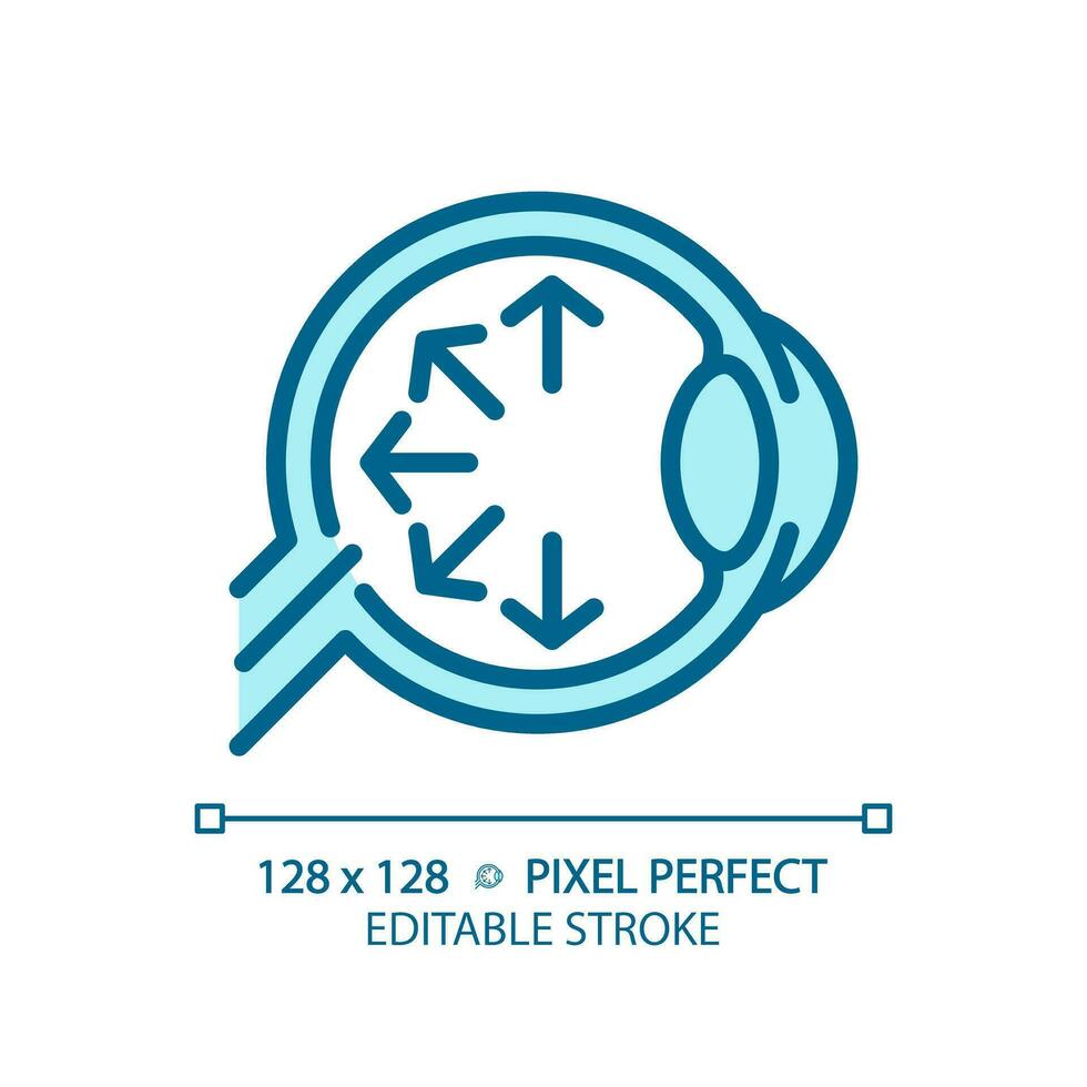 2D pixel perfect editable blue eyeball with arrow symbols icon, isolated monochromatic vector, thin line illustration representing eye care. vector