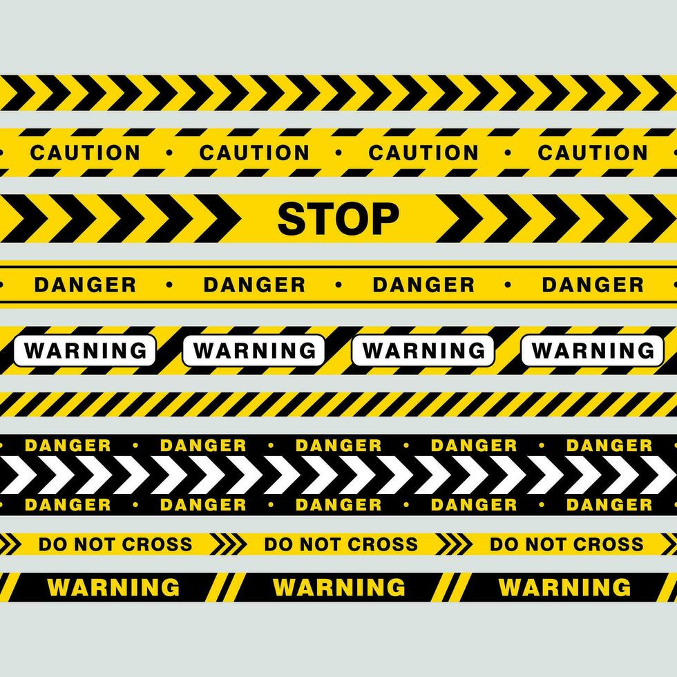 conjunto de sin costura advertencia cinta diseño modelo vector. advertencia, precaución, peligro cinta colección con amarillo y negro color vector