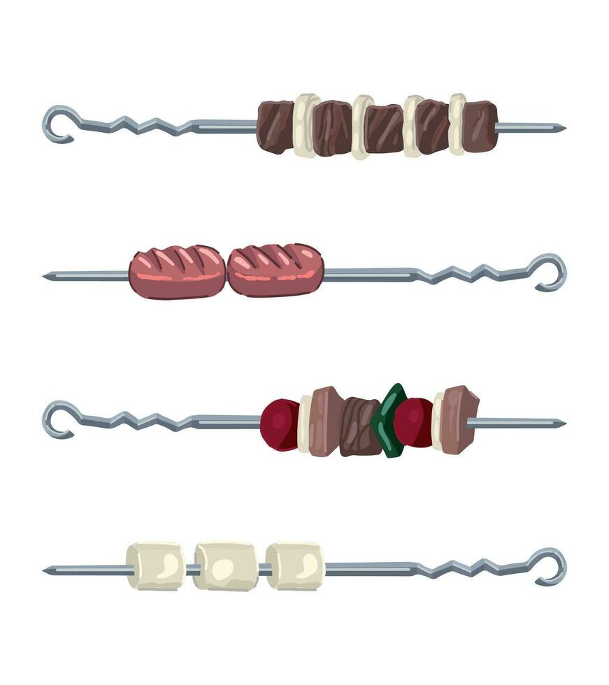 Skewers of meat, vegetables, marshmallow doodles set. Collection of grilled kebab. Colored vector illustration in cartoon style. Modern cliparts isolated on white.