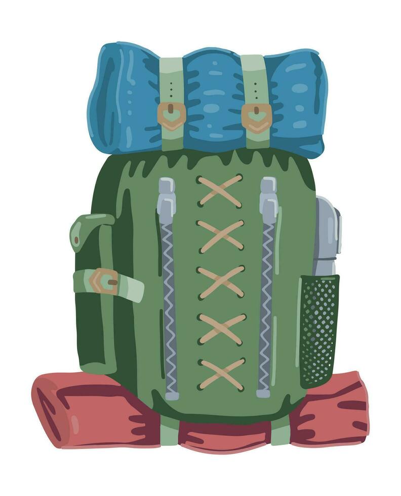 Hiking backpack clipart. Summer leisure activities equipment doodle isolated on white. Colored vector illustration in cartoon style.