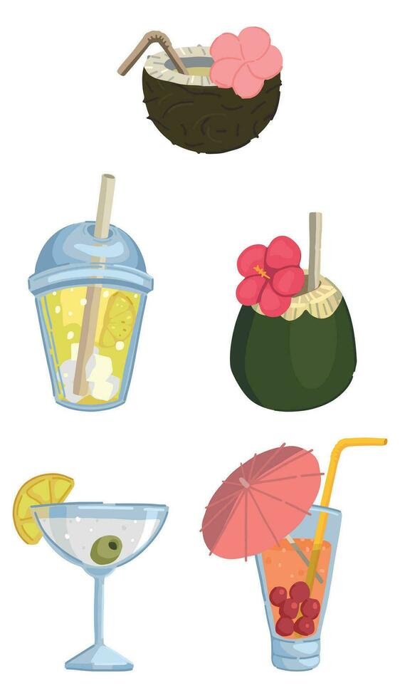 Cocktails doodles collection. Cartoon vector illustrations of fresh summer beverages and tropical drinks. Colored cliparts isolated on white background.