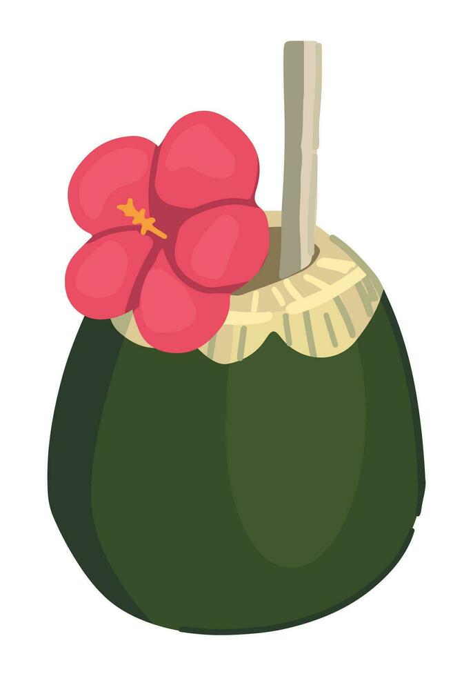 Tropical cocktail in coconut. Doodle clipart of summer beverage isolated on white. Colored vector illustration in cartoon style.