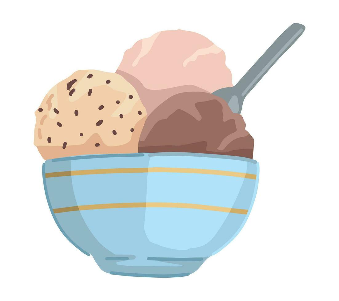 Ice cream balls in bowl clipart. Doodle of summer sweet food isolated on white. Colored vector illustration in cartoon style.